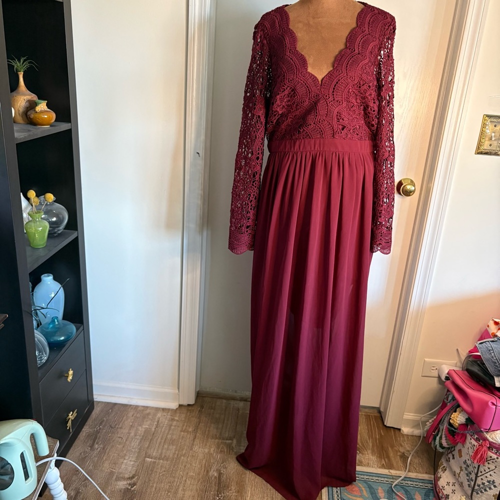 Lulu's Burgundy Lace Long Sleeve Maxi Dress